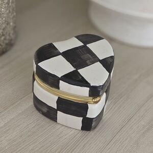 Heart-Shaped Black and White Checkered Trinket Box